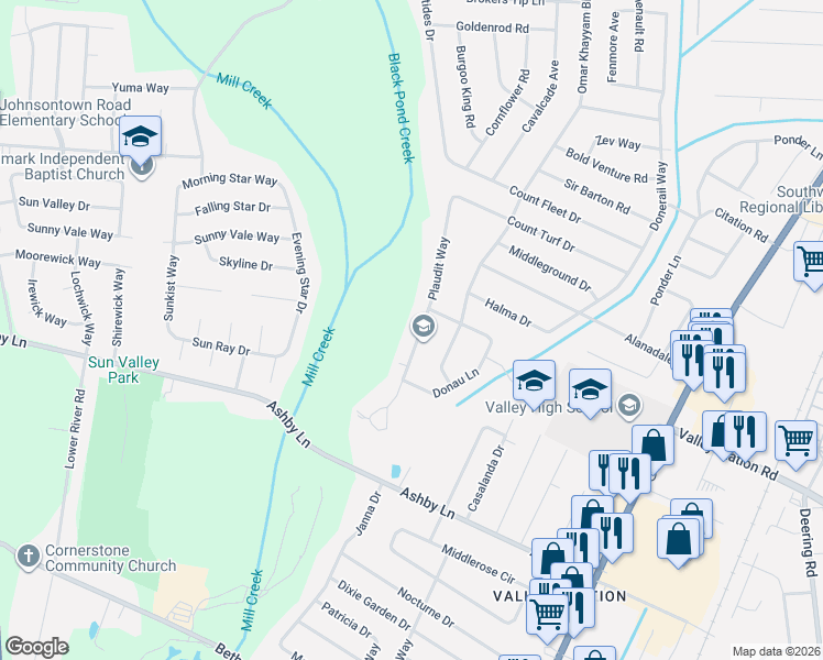 map of restaurants, bars, coffee shops, grocery stores, and more near 10008 Plaudit Way in Louisville