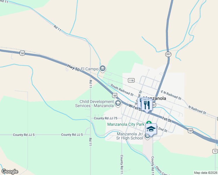 map of restaurants, bars, coffee shops, grocery stores, and more near 417 South Railroad Street in Manzanola