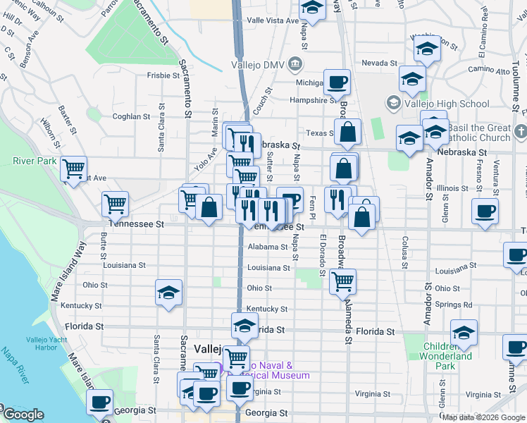 map of restaurants, bars, coffee shops, grocery stores, and more near 1710 Sutter Street in Vallejo