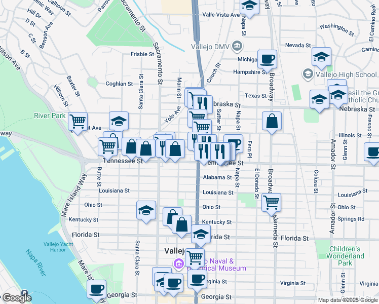 map of restaurants, bars, coffee shops, grocery stores, and more near 1518 Marin Street in Vallejo