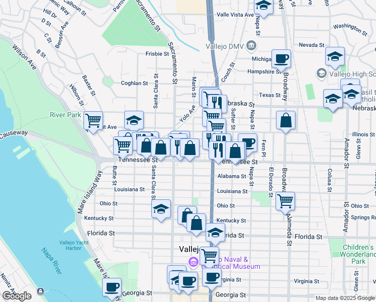 map of restaurants, bars, coffee shops, grocery stores, and more near 310 Tennessee Street in Vallejo