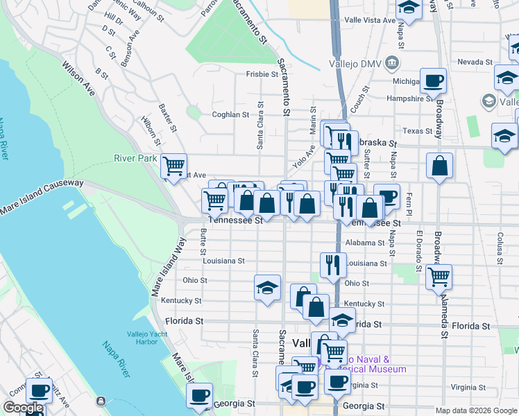 map of restaurants, bars, coffee shops, grocery stores, and more near 230 Tennessee Street in Vallejo