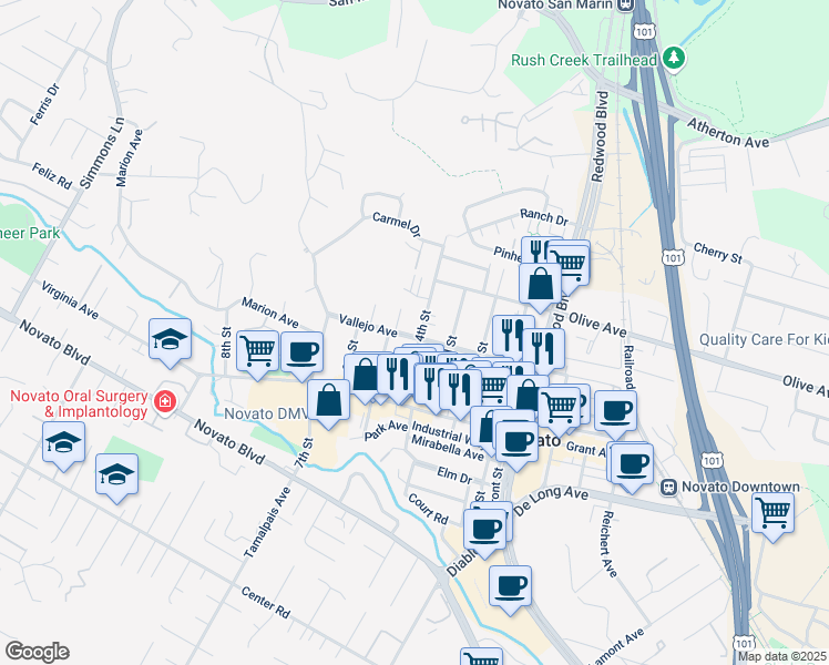 map of restaurants, bars, coffee shops, grocery stores, and more near 1400 Vallejo Avenue in Novato