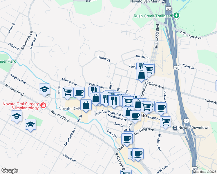map of restaurants, bars, coffee shops, grocery stores, and more near 1400 Vallejo Avenue in Novato