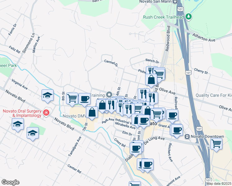 map of restaurants, bars, coffee shops, grocery stores, and more near 1400 Vallejo Avenue in Novato