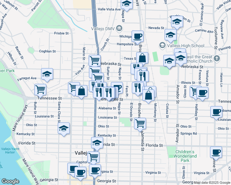 map of restaurants, bars, coffee shops, grocery stores, and more near 1617 Napa Street in Vallejo
