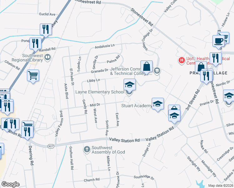 map of restaurants, bars, coffee shops, grocery stores, and more near 9815 East Avenue in Louisville