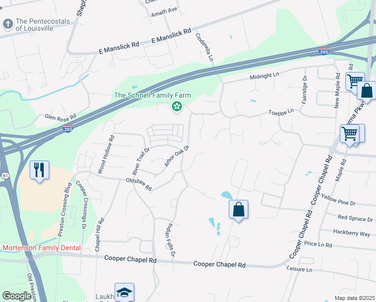 map of restaurants, bars, coffee shops, grocery stores, and more near 10231 Arbor Oak Drive in Louisville
