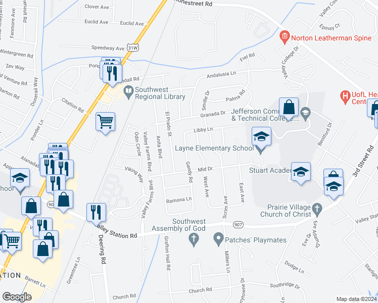 map of restaurants, bars, coffee shops, grocery stores, and more near 9801 Gandy Road in Louisville