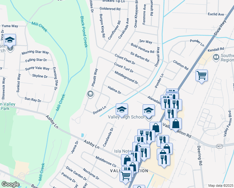 map of restaurants, bars, coffee shops, grocery stores, and more near 5906 Halma Drive in Louisville