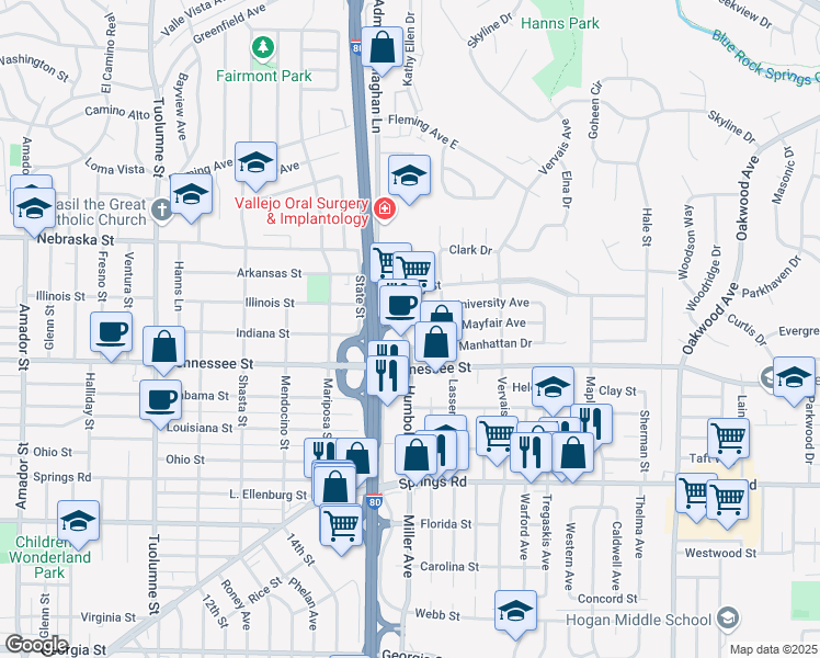 map of restaurants, bars, coffee shops, grocery stores, and more near 44 Admiral Callaghan Lane in Vallejo