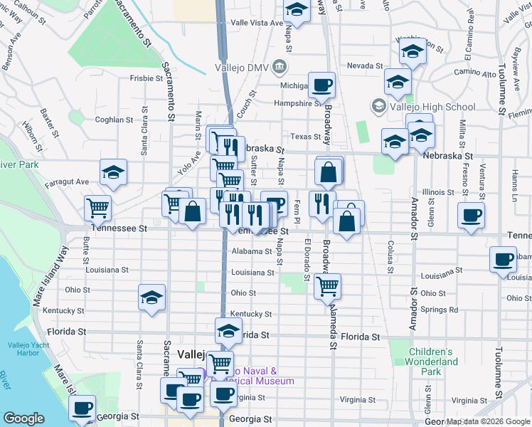map of restaurants, bars, coffee shops, grocery stores, and more near 1710 Sutter Street in Vallejo