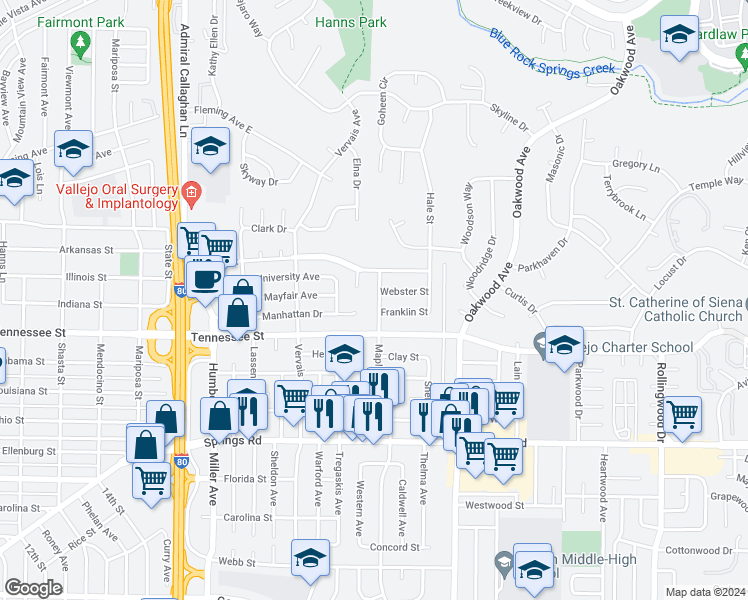 map of restaurants, bars, coffee shops, grocery stores, and more near 1221 Maple Avenue in Vallejo