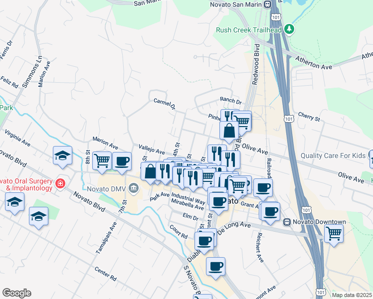 map of restaurants, bars, coffee shops, grocery stores, and more near 1216 Vallejo Avenue in Novato