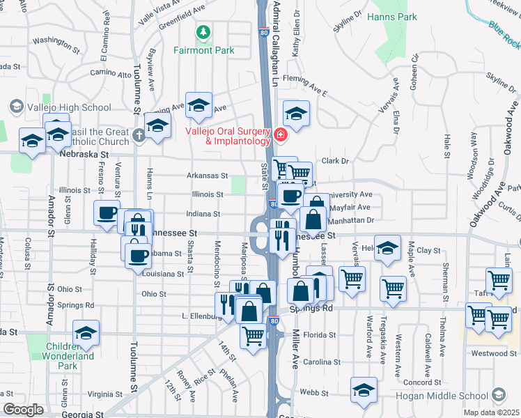 map of restaurants, bars, coffee shops, grocery stores, and more near 2126 Indiana Street in Vallejo