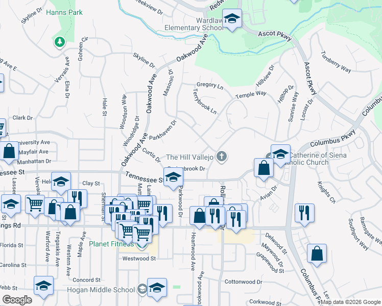 map of restaurants, bars, coffee shops, grocery stores, and more near 173 Evergreen Way in Vallejo