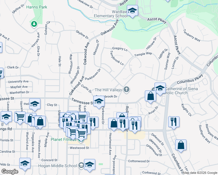 map of restaurants, bars, coffee shops, grocery stores, and more near 173 Evergreen Way in Vallejo