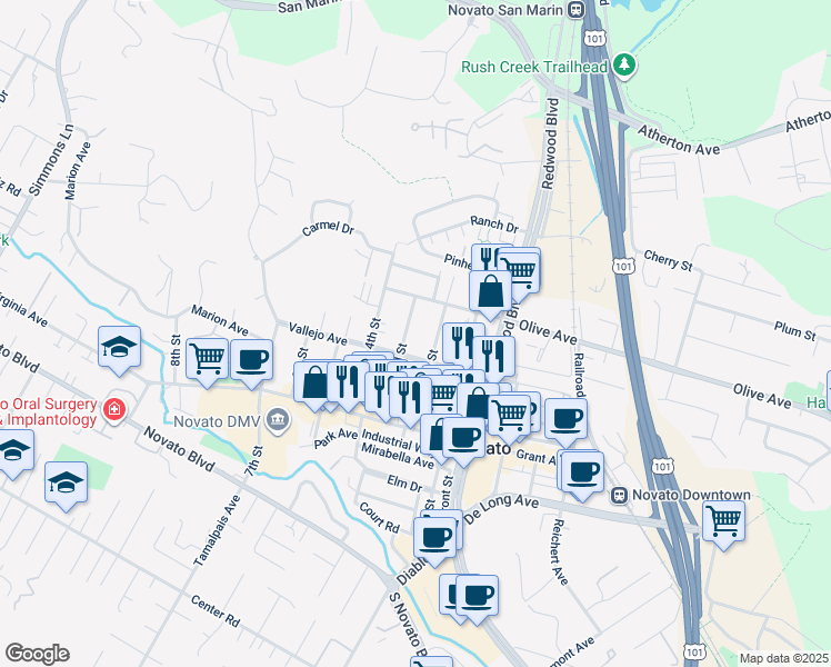 map of restaurants, bars, coffee shops, grocery stores, and more near 1216 Vallejo Avenue in Novato