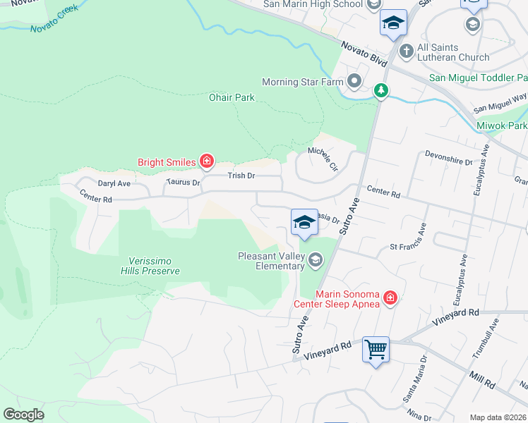 map of restaurants, bars, coffee shops, grocery stores, and more near 181 Stasia Court in Novato