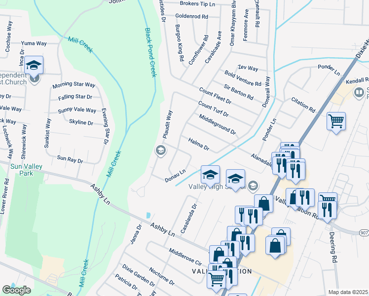 map of restaurants, bars, coffee shops, grocery stores, and more near 6009 Reigh Count Drive in Louisville