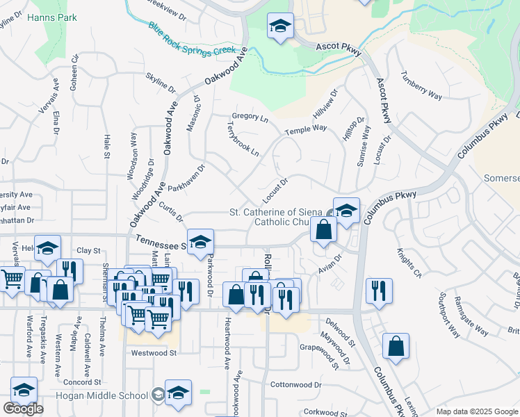map of restaurants, bars, coffee shops, grocery stores, and more near Locust Drive & Masonic Drive in Vallejo