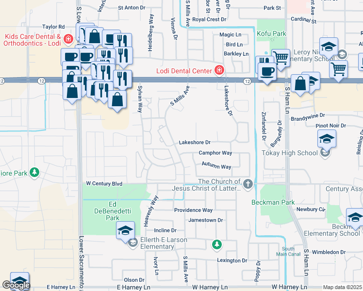 map of restaurants, bars, coffee shops, grocery stores, and more near 1933 Camphor Way in Lodi