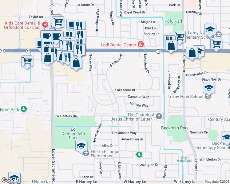 map of restaurants, bars, coffee shops, grocery stores, and more near 1933 Camphor Way in Lodi