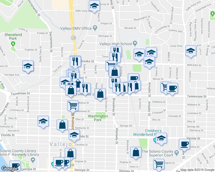 map of restaurants, bars, coffee shops, grocery stores, and more near 1539 El Dorado Street in Vallejo
