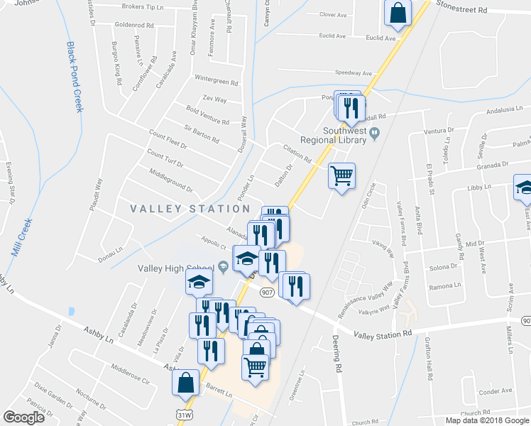 map of restaurants, bars, coffee shops, grocery stores, and more near 9916 Appollo Lane in Louisville