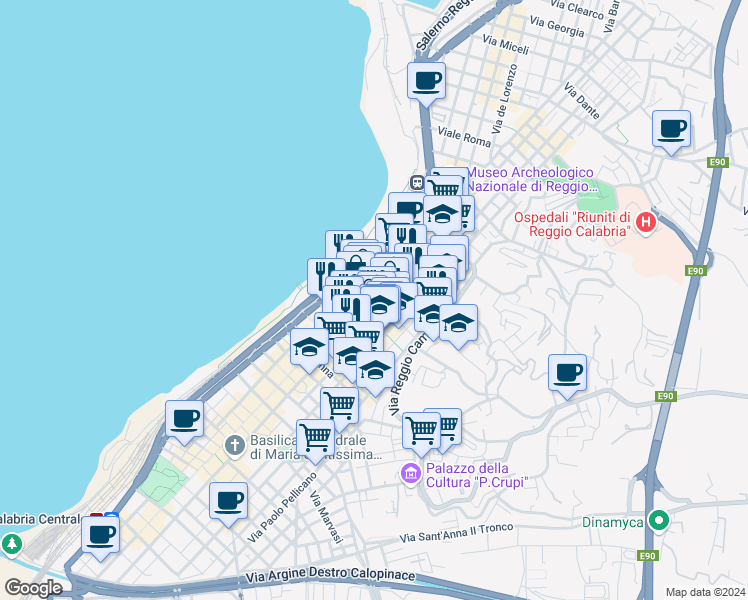 map of restaurants, bars, coffee shops, grocery stores, and more near in Reggio Calabria