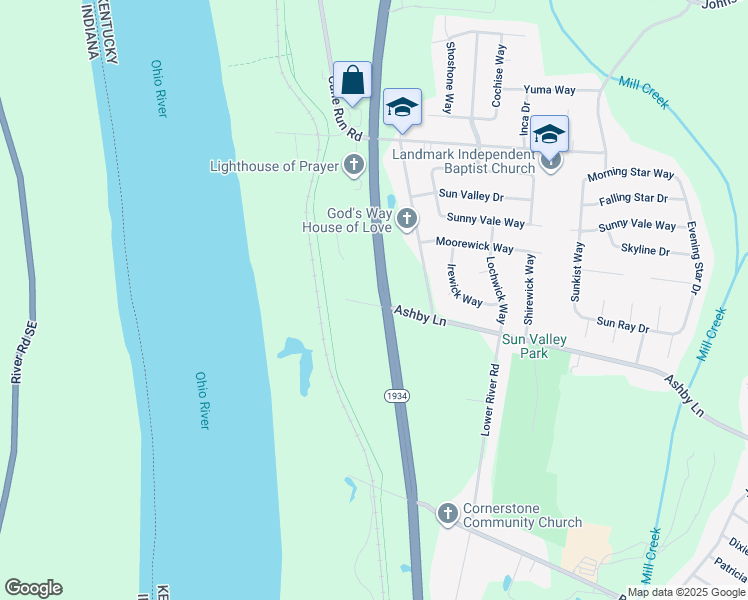 map of restaurants, bars, coffee shops, grocery stores, and more near Greenbelt Highway in Louisville