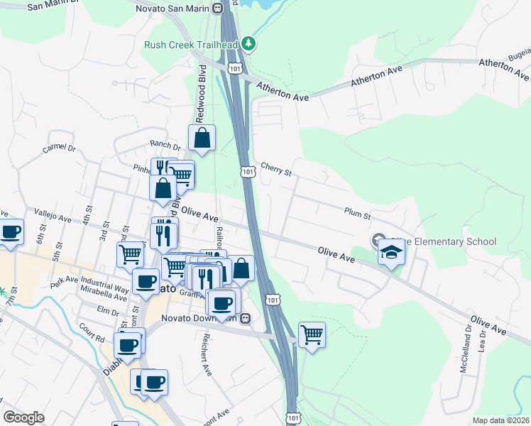 map of restaurants, bars, coffee shops, grocery stores, and more near 121 Kenwood Court in Novato