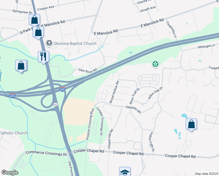 map of restaurants, bars, coffee shops, grocery stores, and more near 4908 Woodsend Road in Louisville