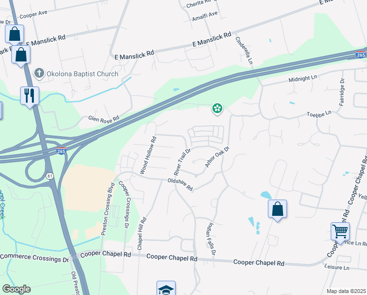 map of restaurants, bars, coffee shops, grocery stores, and more near 10210 Winding River Way in Louisville