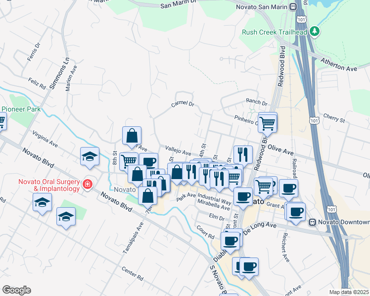 map of restaurants, bars, coffee shops, grocery stores, and more near 1504 Vallejo Avenue in Novato