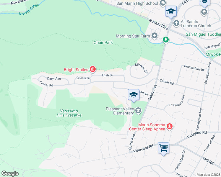 map of restaurants, bars, coffee shops, grocery stores, and more near 181 Stasia Court in Novato