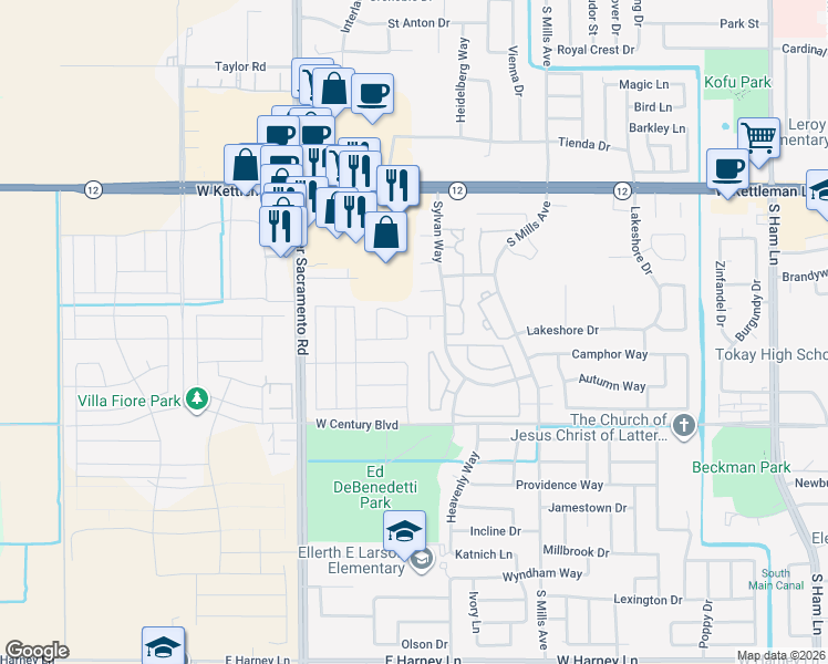 map of restaurants, bars, coffee shops, grocery stores, and more near 1900 Roualt Way in Lodi