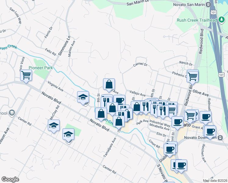 map of restaurants, bars, coffee shops, grocery stores, and more near 1725 Marion Avenue in Novato