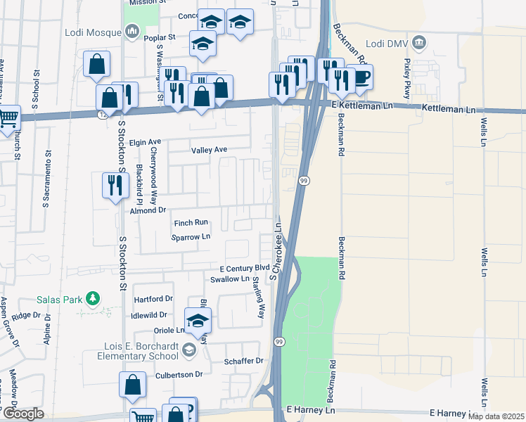 map of restaurants, bars, coffee shops, grocery stores, and more near 1819 South Cherokee Lane in Lodi