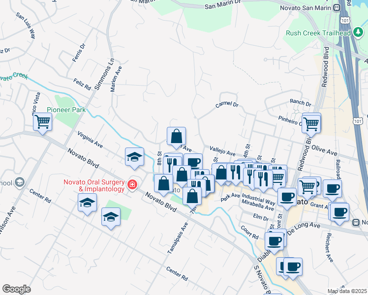 map of restaurants, bars, coffee shops, grocery stores, and more near 1725 Marion Avenue in Novato
