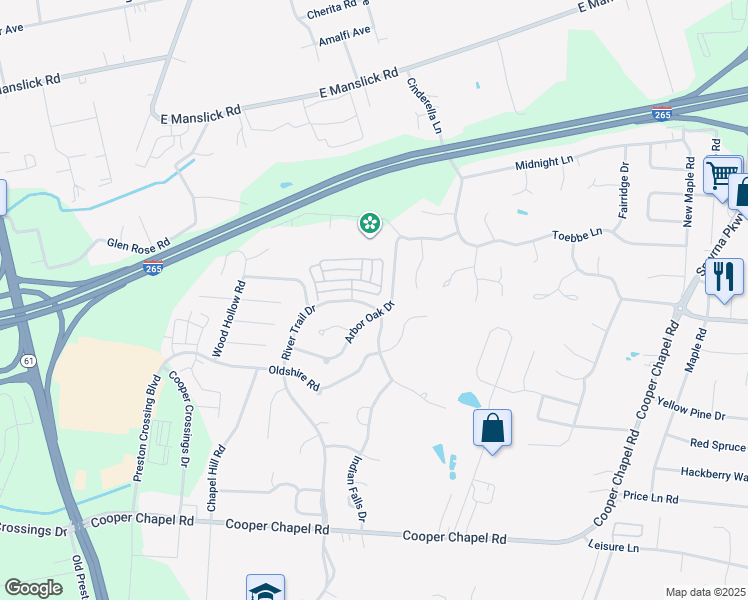 map of restaurants, bars, coffee shops, grocery stores, and more near 9602 River Trail Drive in Louisville
