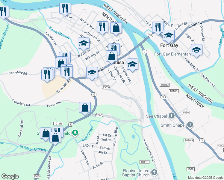 map of restaurants, bars, coffee shops, grocery stores, and more near Pocahontas Street in Louisa
