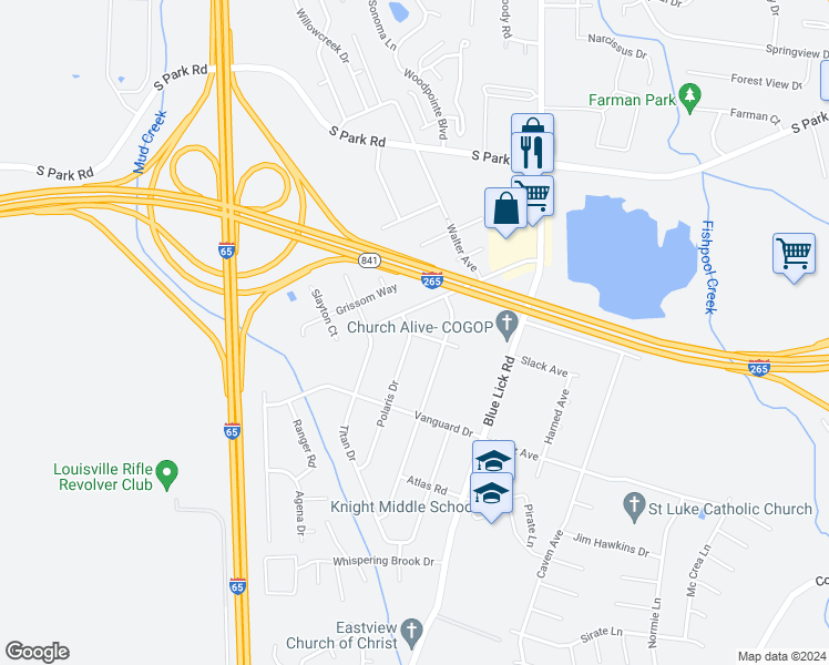 map of restaurants, bars, coffee shops, grocery stores, and more near 3713 Astrocraft Drive in Louisville