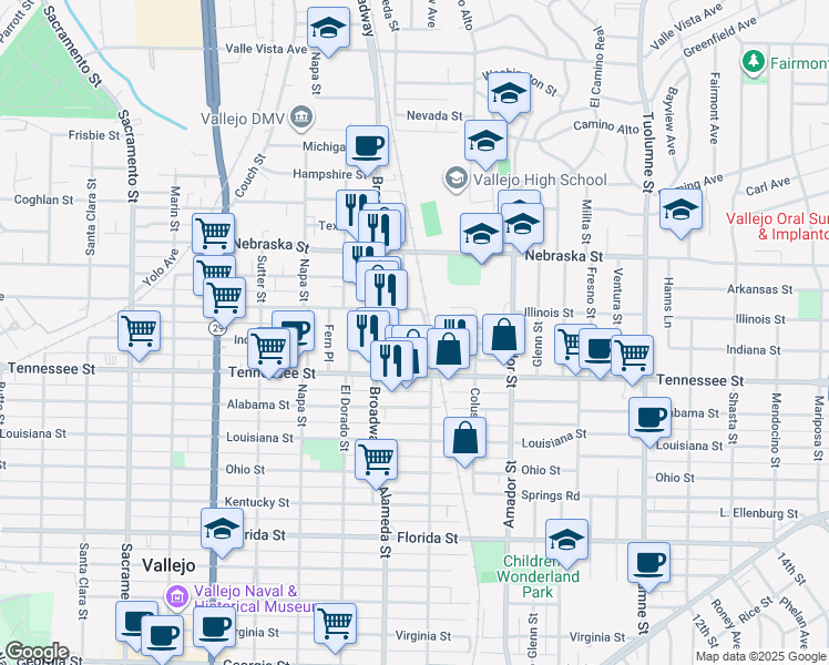map of restaurants, bars, coffee shops, grocery stores, and more near 928 Reo Al in Vallejo