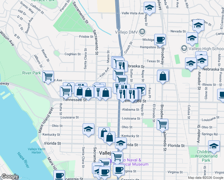 map of restaurants, bars, coffee shops, grocery stores, and more near 1518 Marin Street in Vallejo