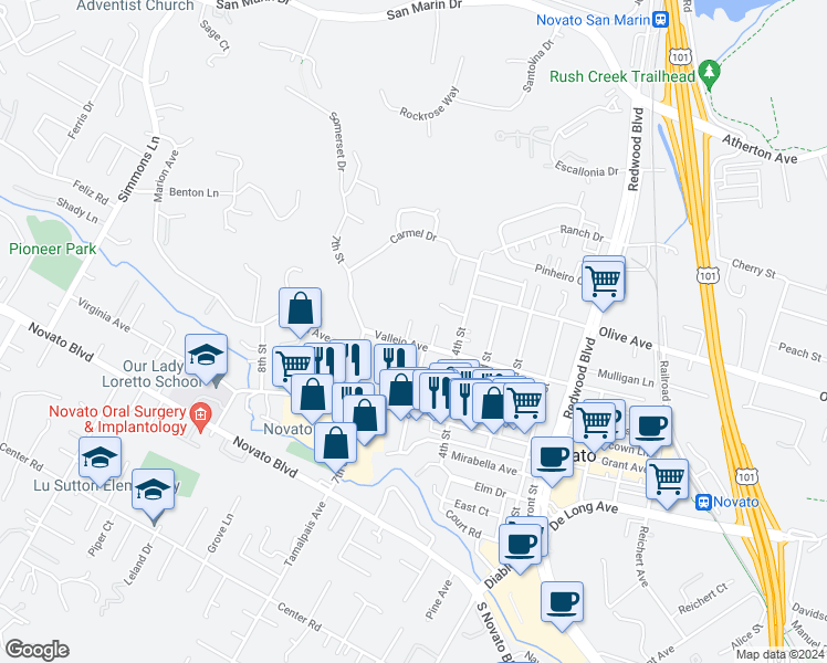 map of restaurants, bars, coffee shops, grocery stores, and more near 1049 5th Street in Novato