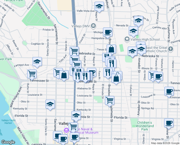 map of restaurants, bars, coffee shops, grocery stores, and more near 726 Indiana Street in Vallejo