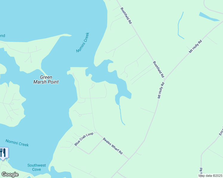 map of restaurants, bars, coffee shops, grocery stores, and more near 596 Beales Wharf Road in Montross