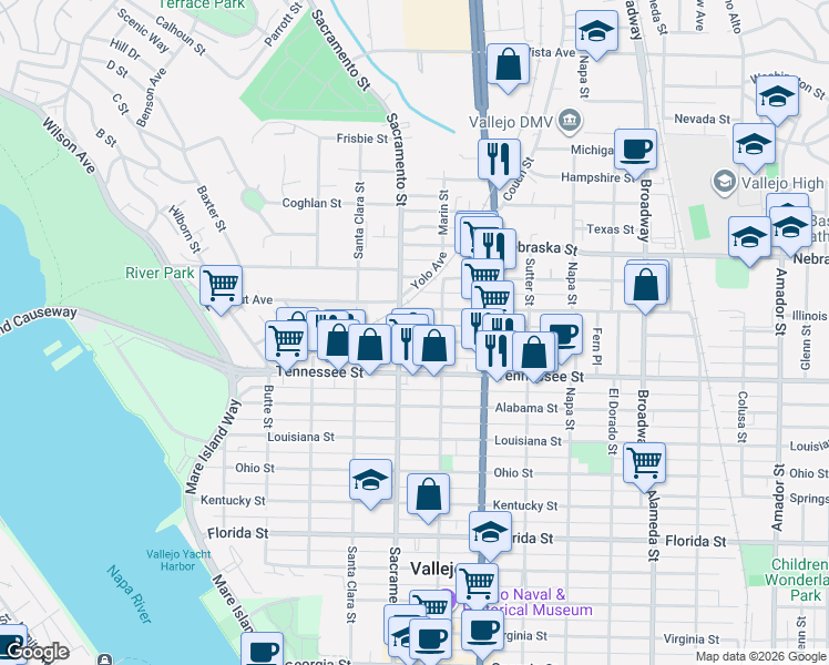 map of restaurants, bars, coffee shops, grocery stores, and more near 110 Illinois Street in Vallejo
