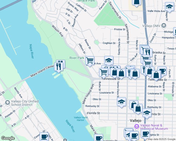 map of restaurants, bars, coffee shops, grocery stores, and more near 63 Old Wilson Avenue in Vallejo